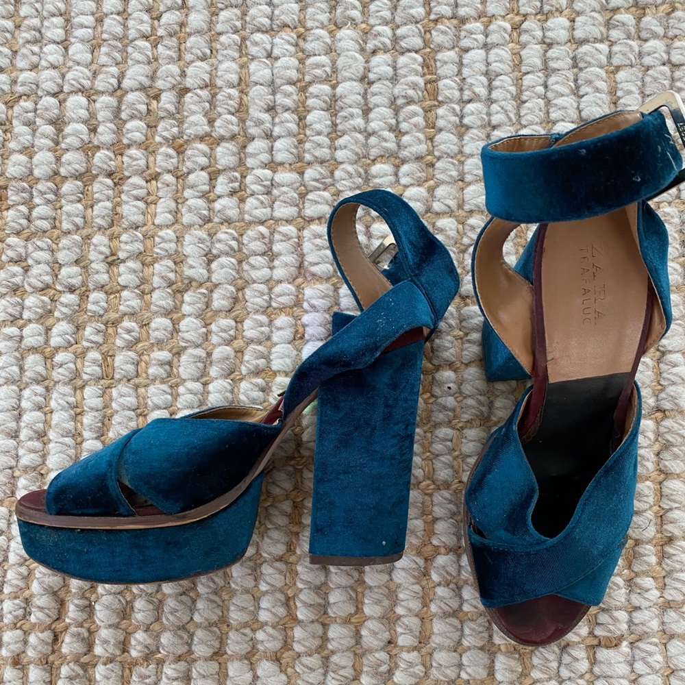 Zara Teal Velvet Platform Heels